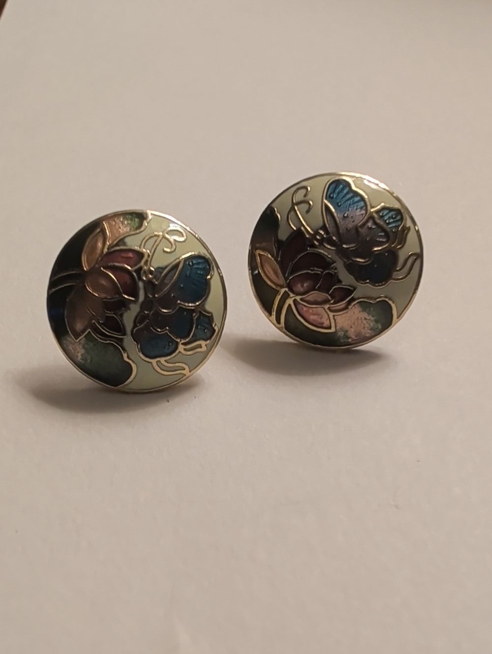 Cloisonne Round Earrings Butterfly Pierced Blue Red Nature Lovers Floral VTG